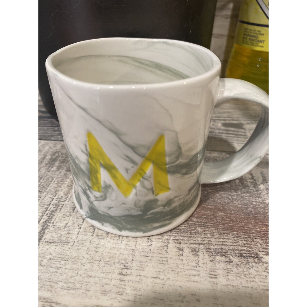 Anthropologie Monogram M Coffee Mug Marbled Gray White Yellow Ceramic 14oz